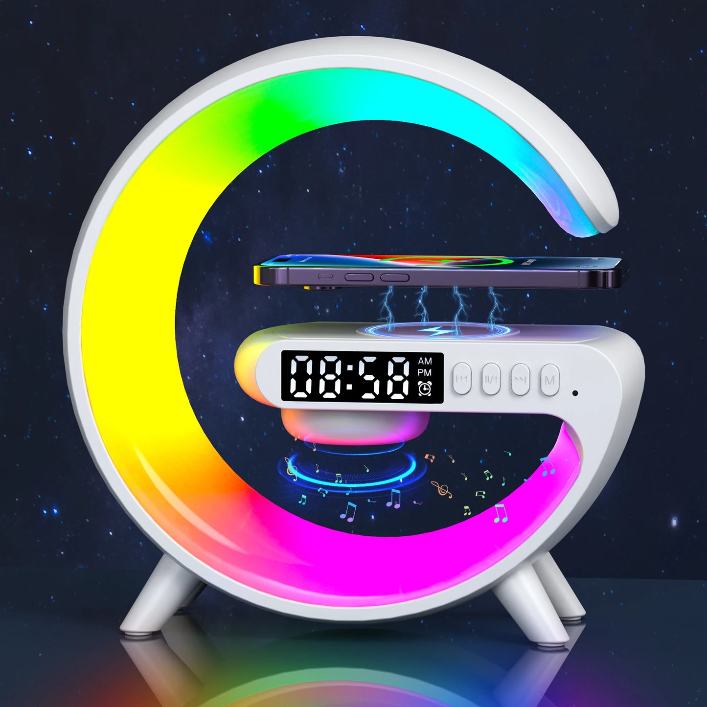 RGB Wireless Charger with Bluetooth Speaker, Sunrise Alarm Clock, and 15W Fast Charging Dock - Loovy #