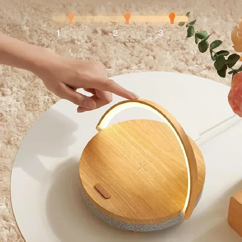 Multifunction Wireless Charger with Bluetooth Speaker & Wooden Table Lamp - Loovy #