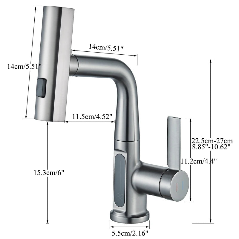 Temperature Display Bathroom Basin Faucet – LED Digital, Pull-Out Sprayer with 3-Way Waterfall Stream - Loovy #
