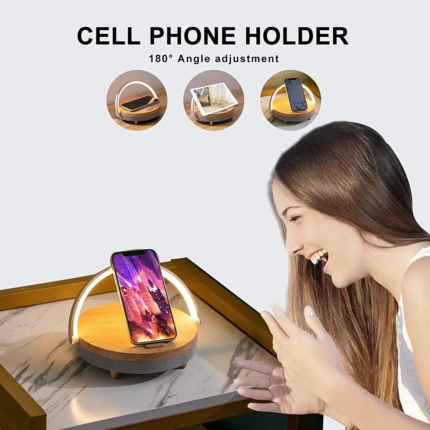 Multifunction Wireless Charger with Bluetooth Speaker & Wooden Table Lamp - Loovy #