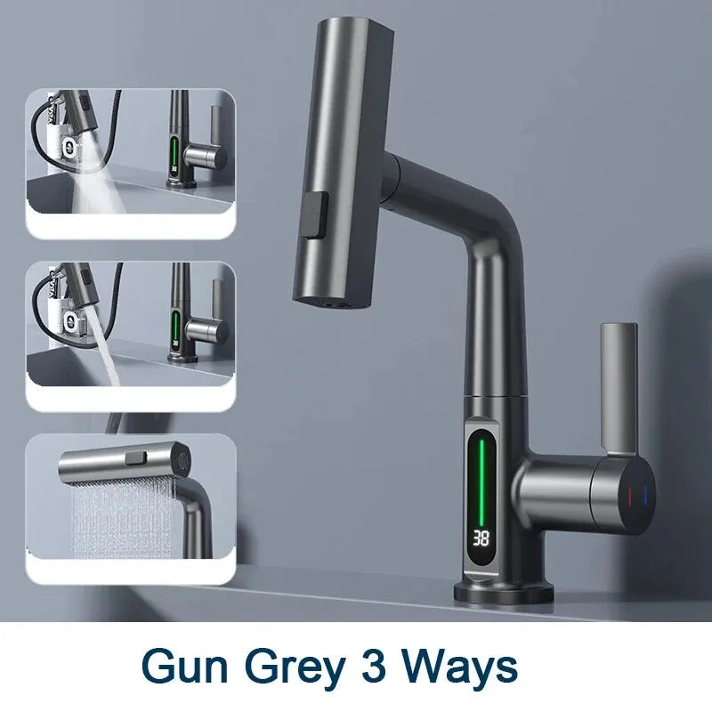 Temperature Display Bathroom Basin Faucet – LED Digital, Pull-Out Sprayer with 3-Way Waterfall Stream - Loovy #