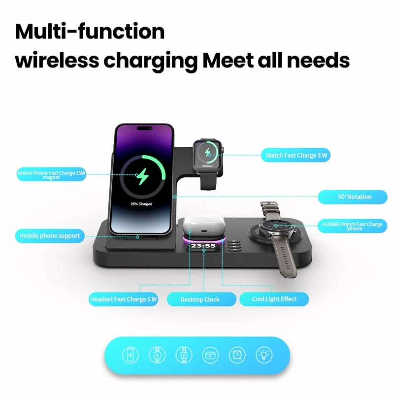 6-in-1 RGB Night Light Alarm Clock Wireless Charger – Fast Charging Station - Loovy #