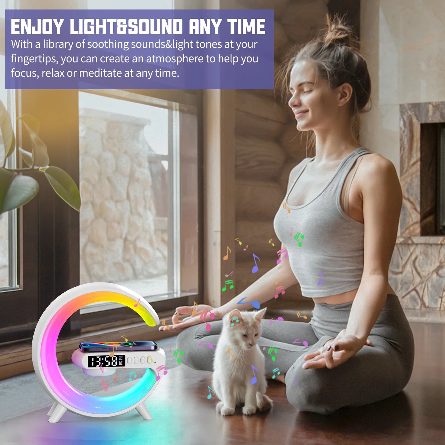RGB Wireless Charger with Bluetooth Speaker, Sunrise Alarm Clock, and 15W Fast Charging Dock - Loovy #
