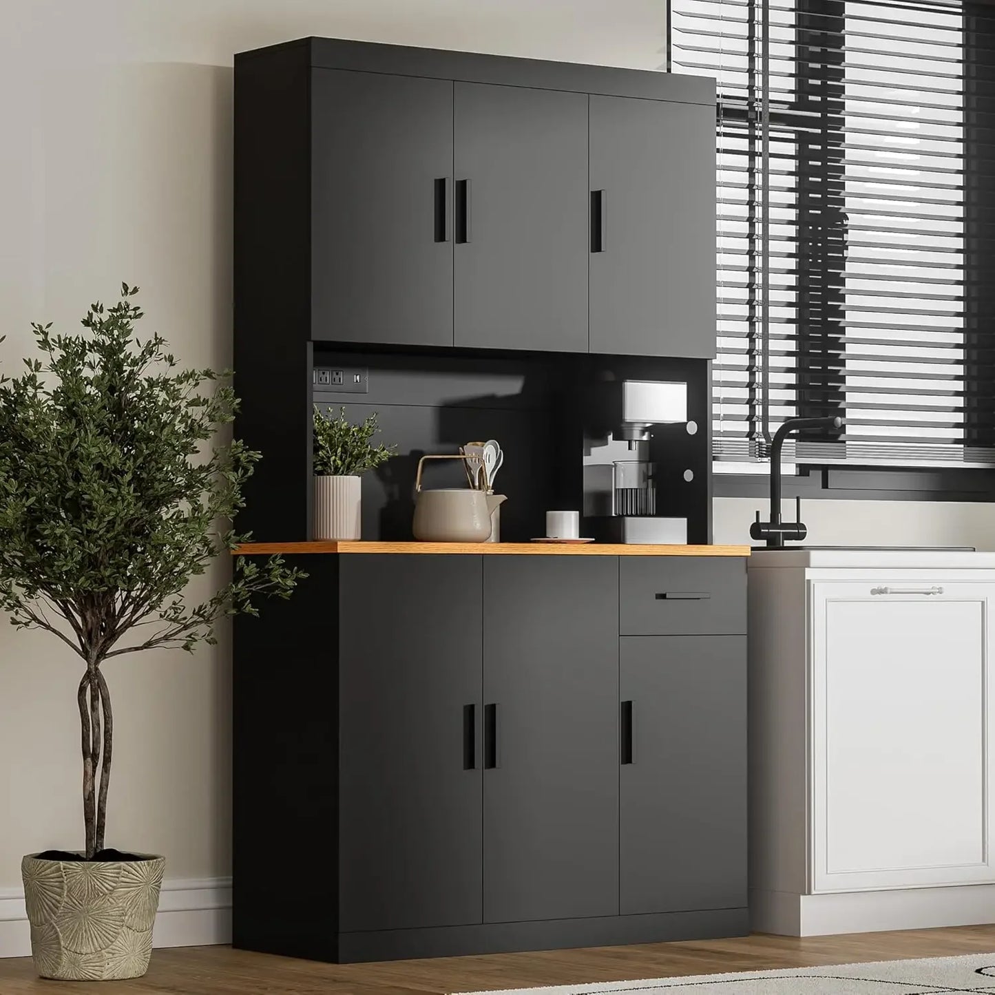 Modern Kitchen Pantry Cabinet with LED Lights & Charging Station - Loovy #
