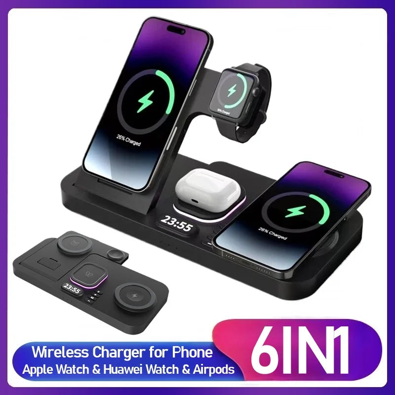 6-in-1 RGB Night Light Alarm Clock Wireless Charger – Fast Charging Station - Loovy #