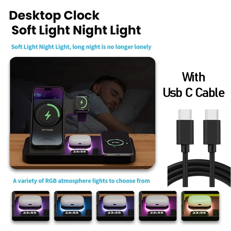 6-in-1 RGB Night Light Alarm Clock Wireless Charger – Fast Charging Station - Loovy #