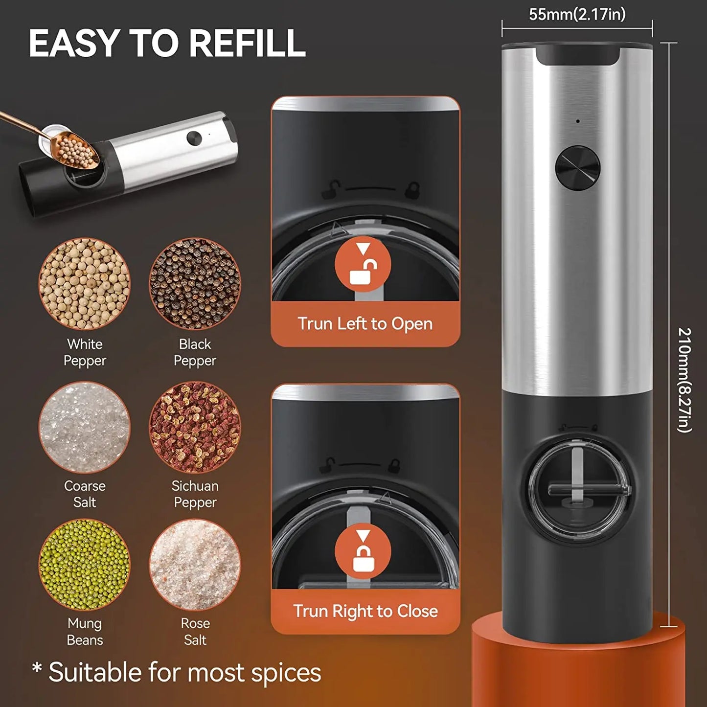 USB Rechargeable Electric Salt and Pepper Grinder with Adjustable Coarseness - Loovy #