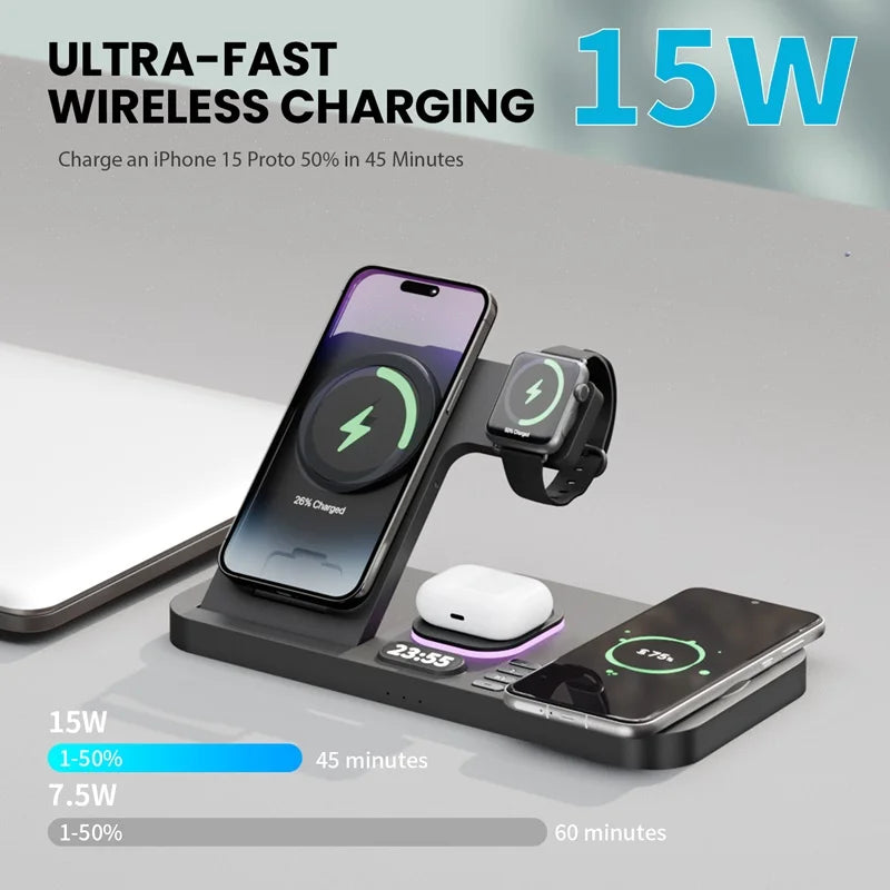 6-in-1 RGB Night Light Alarm Clock Wireless Charger – Fast Charging Station - Loovy #