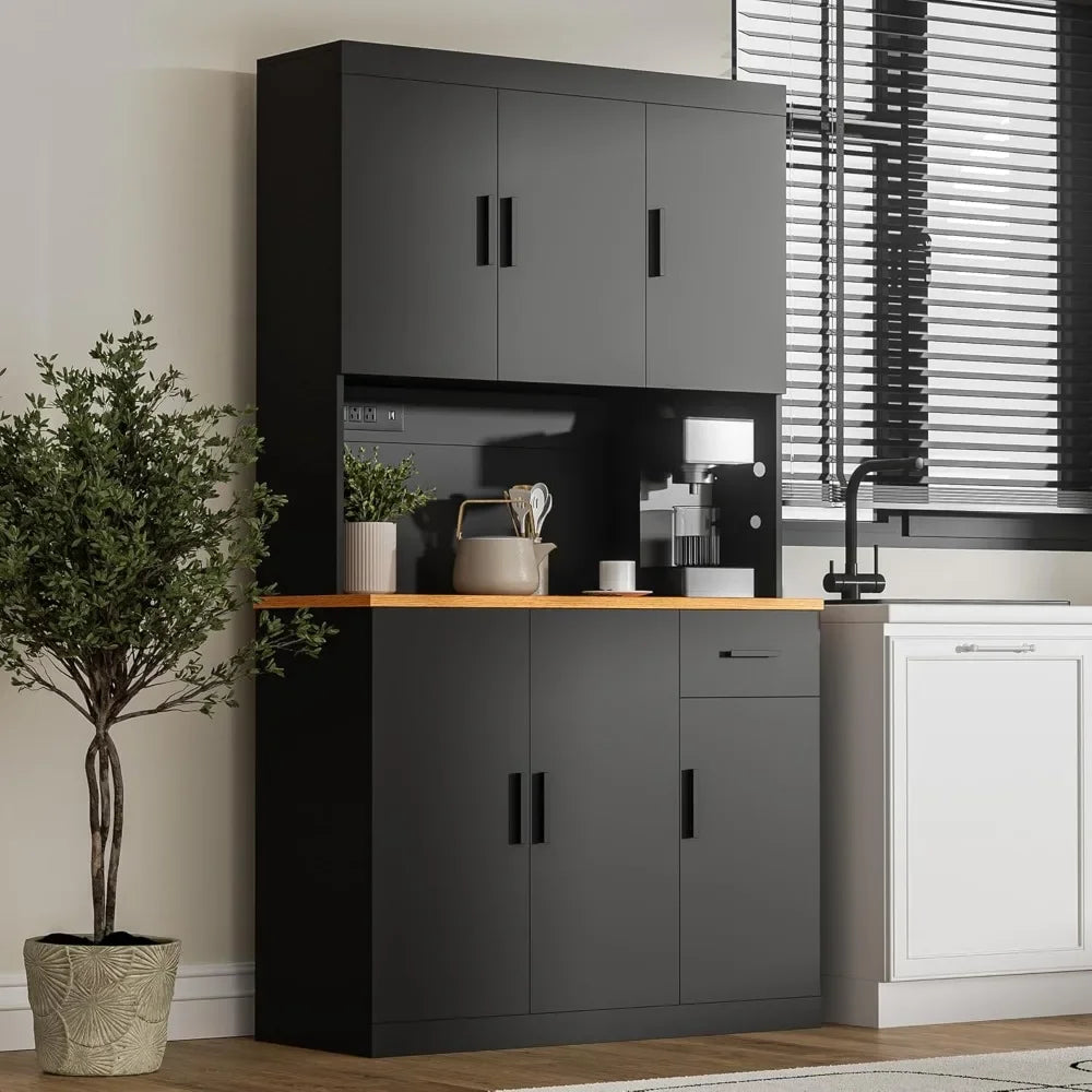 Modern Kitchen Pantry Cabinet with LED Lights & Charging Station - Loovy #