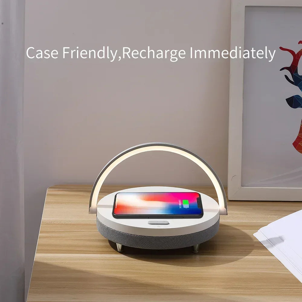 Multifunction Wireless Charger with Bluetooth Speaker & Wooden Table Lamp - Loovy #