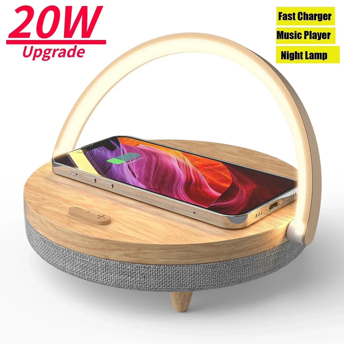 Multifunction Wireless Charger with Bluetooth Speaker & Wooden Table Lamp - Loovy #