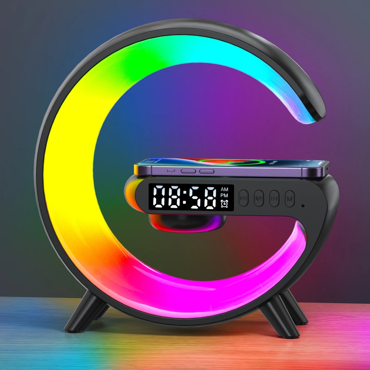 RGB Wireless Charger with Bluetooth Speaker, Sunrise Alarm Clock, and 15W Fast Charging Dock - Loovy #
