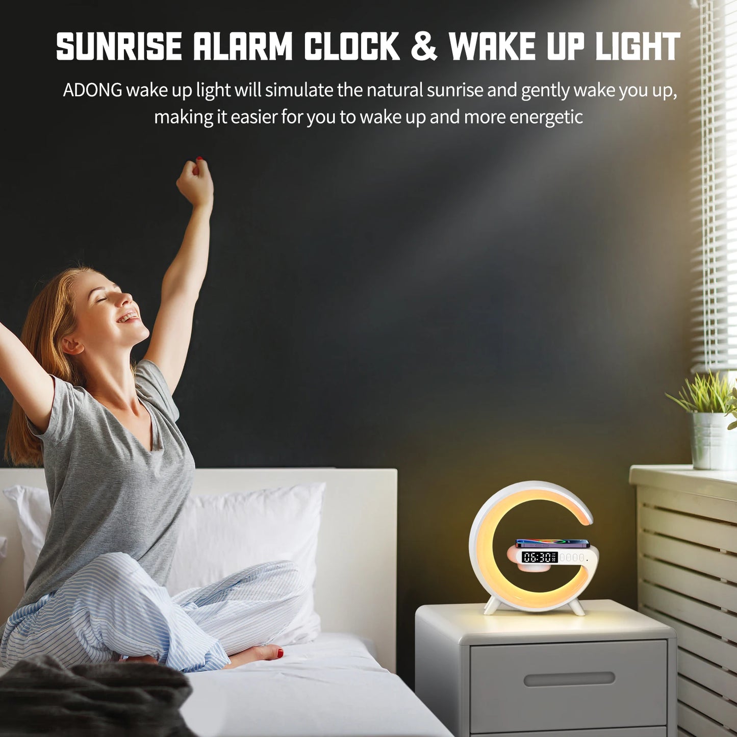RGB Wireless Charger with Bluetooth Speaker, Sunrise Alarm Clock, and 15W Fast Charging Dock - Loovy #