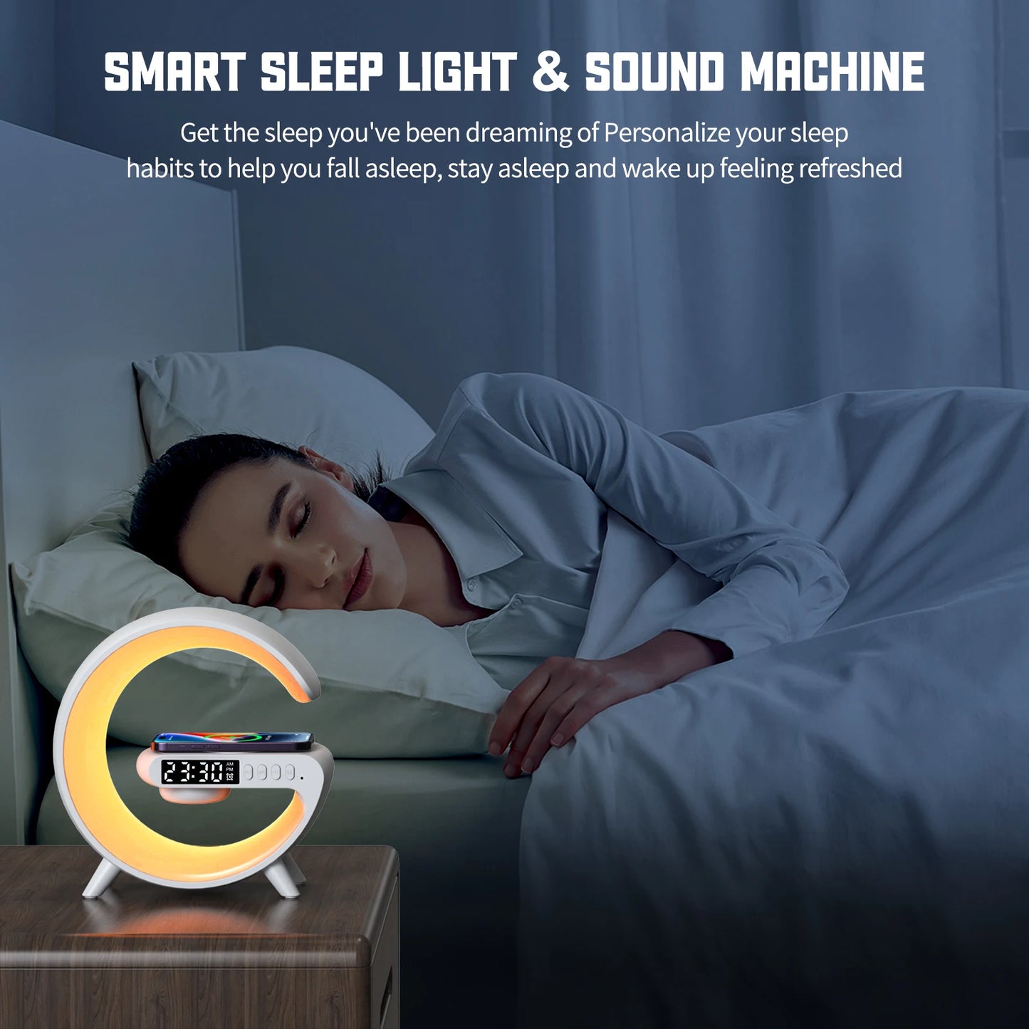 RGB Wireless Charger with Bluetooth Speaker, Sunrise Alarm Clock, and 15W Fast Charging Dock - Loovy #