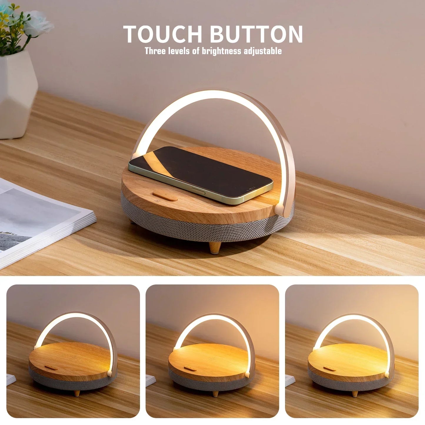Multifunction Wireless Charger with Bluetooth Speaker & Wooden Table Lamp - Loovy #