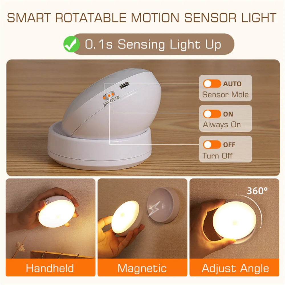 360° Rotating PIR Motion Sensor Night Light – Wireless Rechargeable LED Lamp - Loovy #