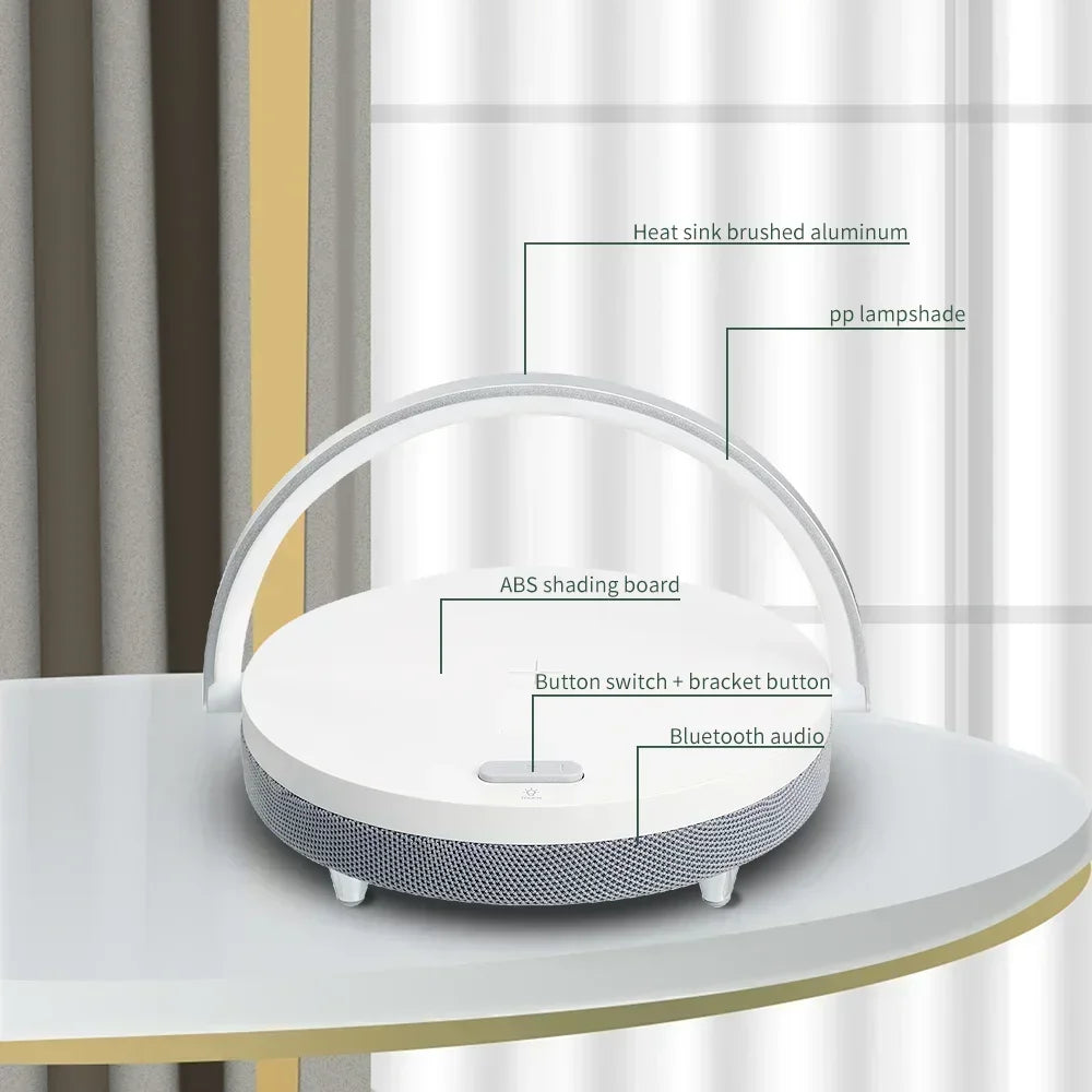 Multifunction Wireless Charger with Bluetooth Speaker & Wooden Table Lamp - Loovy #
