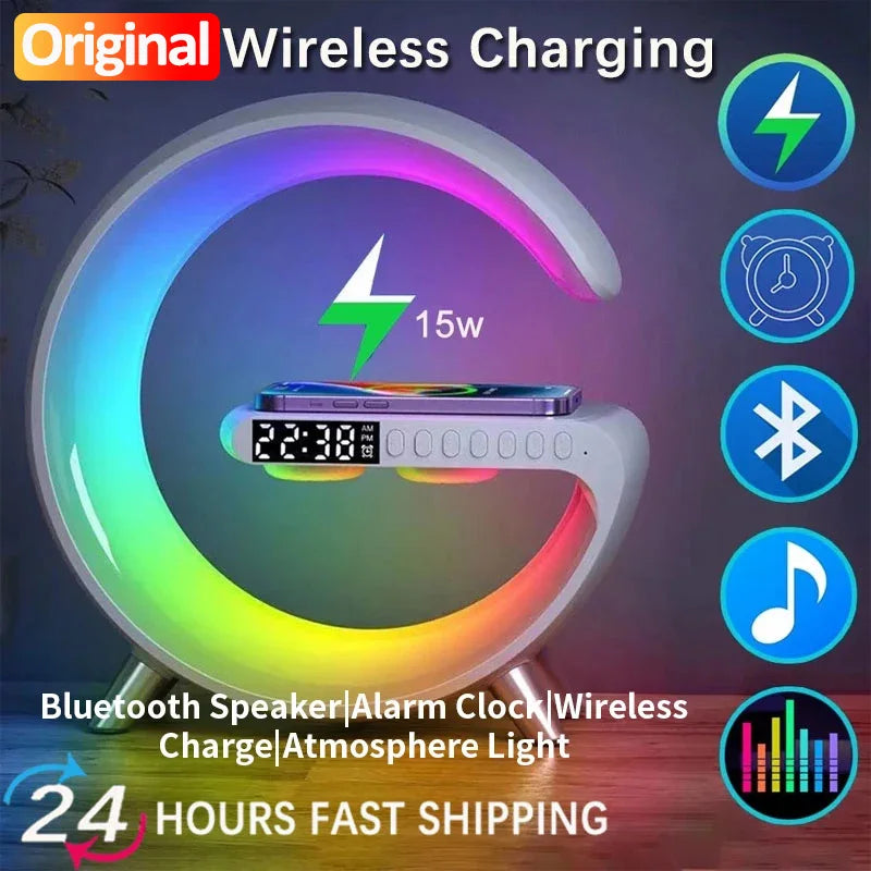 RGB Wireless Charger with Bluetooth Speaker, Sunrise Alarm Clock, and 15W Fast Charging Dock - Loovy #