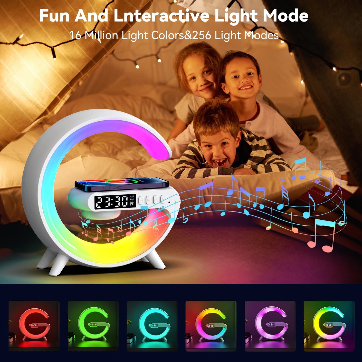 RGB Wireless Charger with Bluetooth Speaker, Sunrise Alarm Clock, and 15W Fast Charging Dock - Loovy #