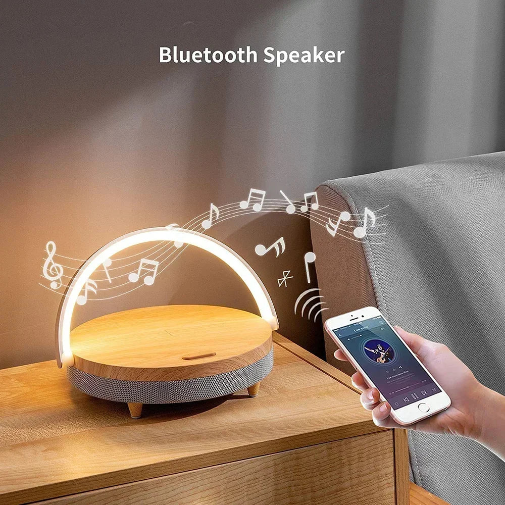 Multifunction Wireless Charger with Bluetooth Speaker & Wooden Table Lamp - Loovy #