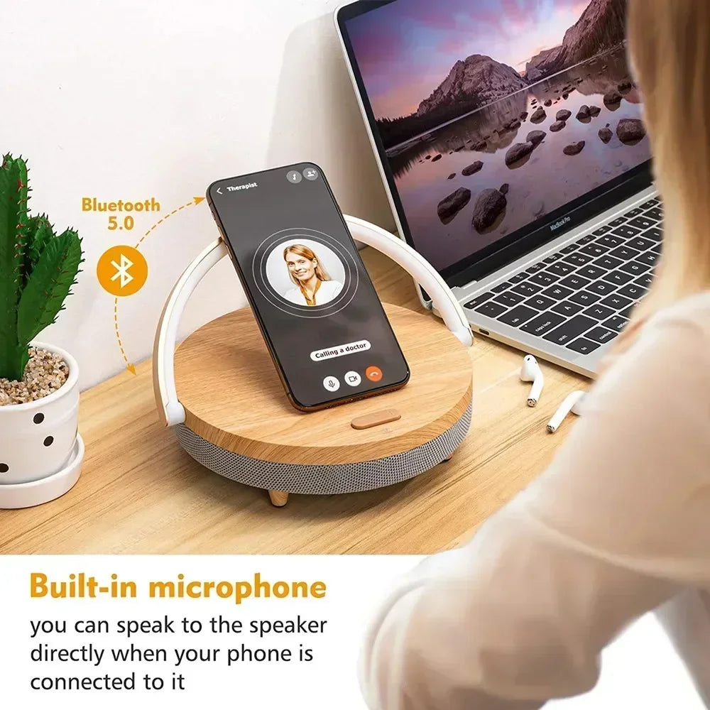 Multifunction Wireless Charger with Bluetooth Speaker & Wooden Table Lamp - Loovy #