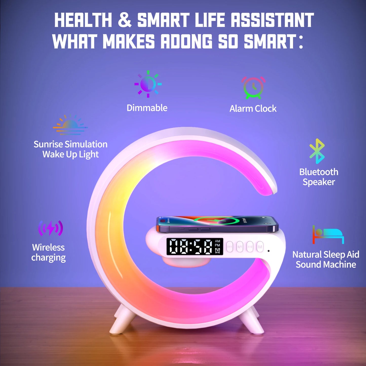 RGB Wireless Charger with Bluetooth Speaker, Sunrise Alarm Clock, and 15W Fast Charging Dock - Loovy #