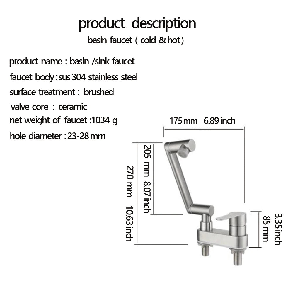304 Stainless Steel Sink Faucet – Deck-Mounted, 360° Rotating Hot & Cold Mixer - Loovy #