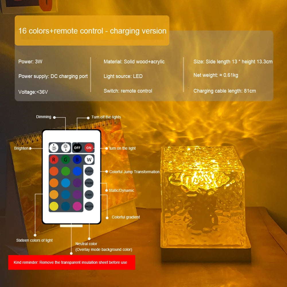 Dynamic Water Ripple Night Light – Elegant LED Crystal Cube with Remote Control - Loovy #