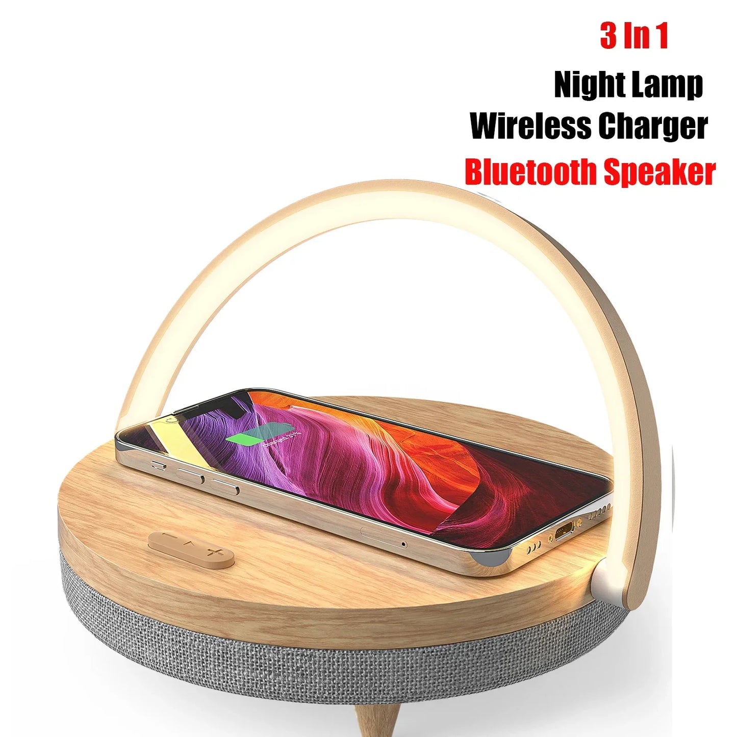 Multifunction Wireless Charger with Bluetooth Speaker & Wooden Table Lamp - Loovy #