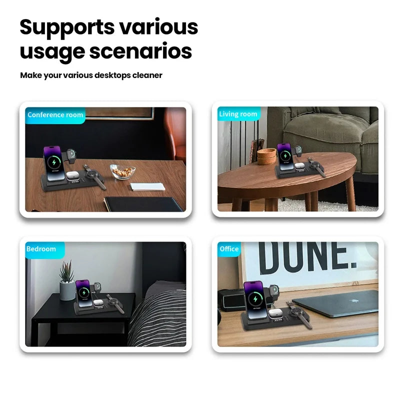 6-in-1 RGB Night Light Alarm Clock Wireless Charger – Fast Charging Station - Loovy #
