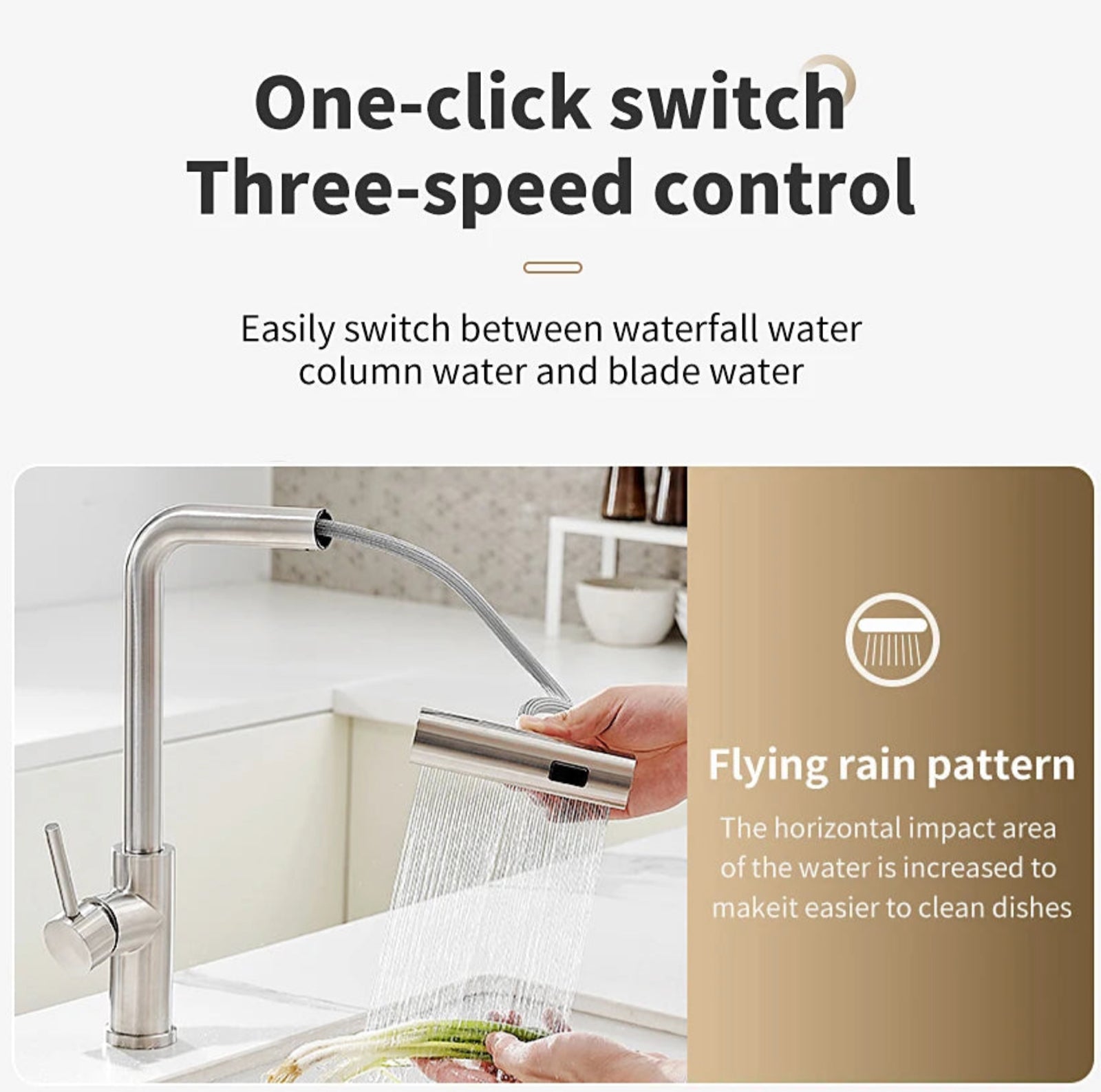304 Stainless Steel Pull-Out Kitchen Faucet – Waterfall Hot and Cold Mixed Water Sink Tap, Multi-Function Rinse, Rotate - Loovy # 