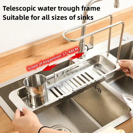 Telescopic Stainless Steel Sink Shelf - Adjustable Organizer for Sponges, Brushes & More - Loovy # 