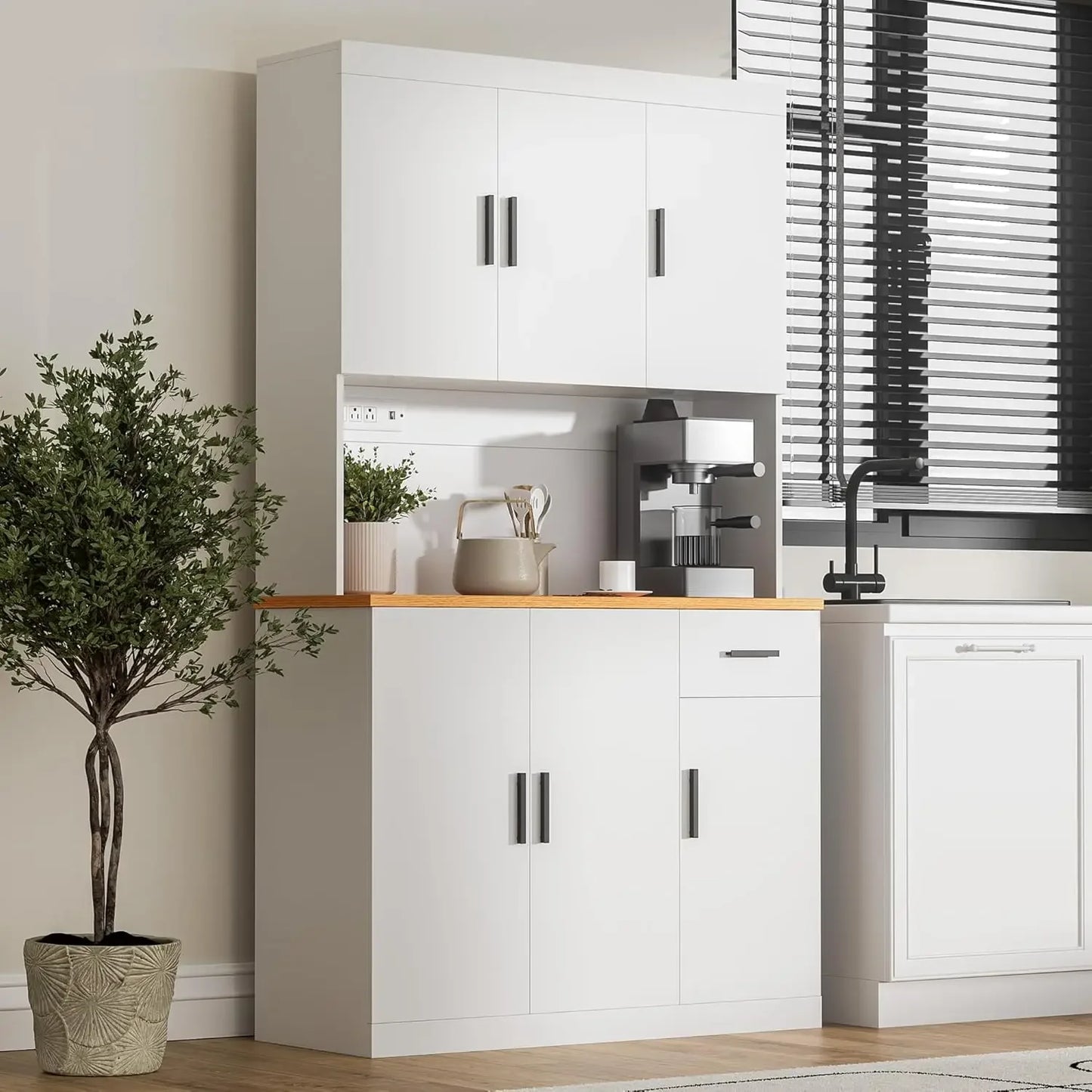 Modern Kitchen Pantry Cabinet with LED Lights & Charging Station - Loovy # 