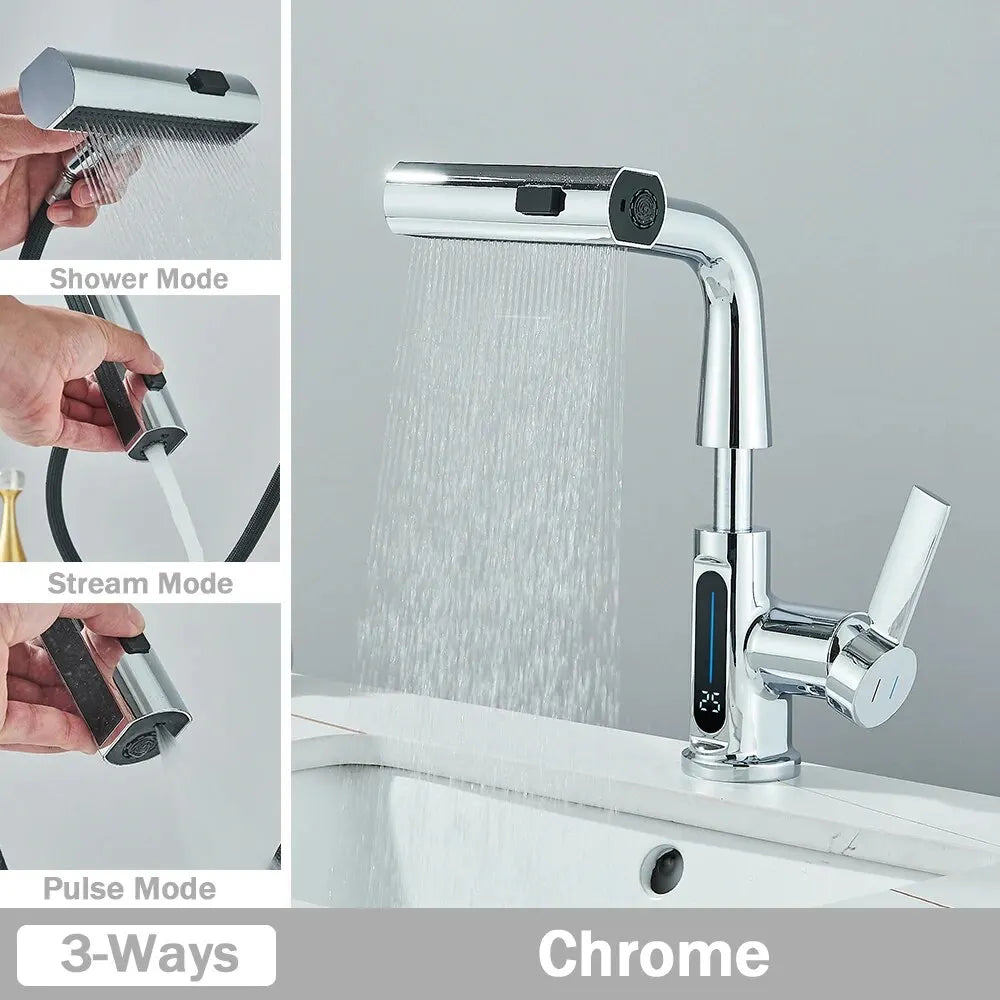Temperature Display Bathroom Basin Faucet – LED Digital, Pull-Out Sprayer with 3-Way Waterfall Stream - Loovy # 