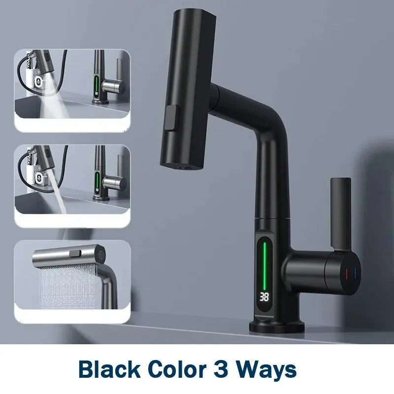 Temperature Display Bathroom Basin Faucet – LED Digital, Pull-Out Sprayer with 3-Way Waterfall Stream - Loovy # 