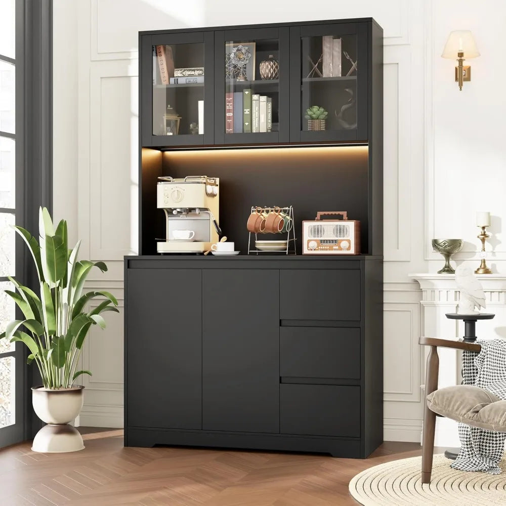 Modern Kitchen Pantry Cabinet with LED Lights & Charging Station - Black - Loovy # 