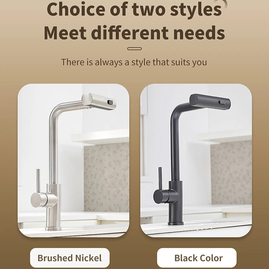 304 Stainless Steel Pull-Out Kitchen Faucet – Waterfall Hot and Cold Mixed Water Sink Tap, Multi-Function Rinse, Rotate - Loovy # 