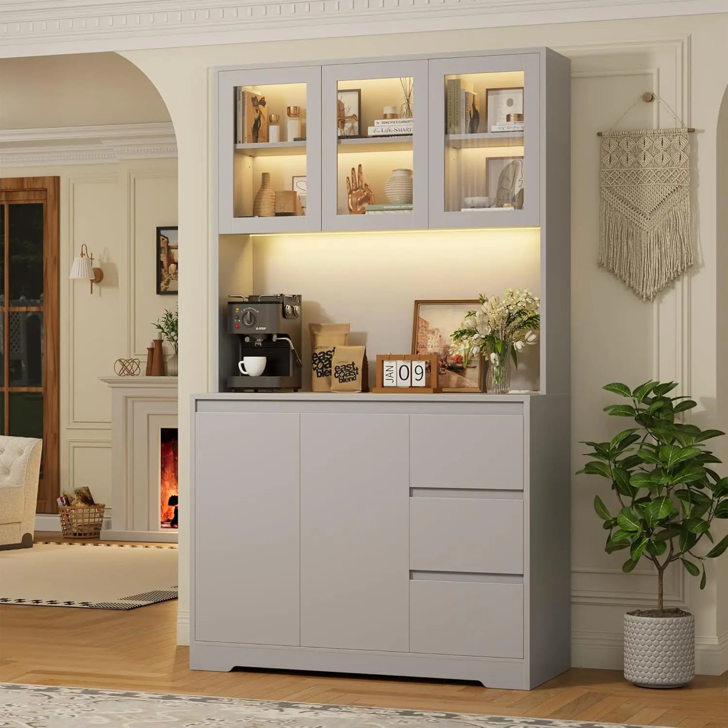 Modern Kitchen Pantry Cabinet with LED Lights & Charging Station - Black - Loovy # 