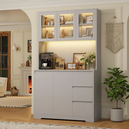 Modern Kitchen Pantry Cabinet with LED Lights & Charging Station - Black - Loovy # 