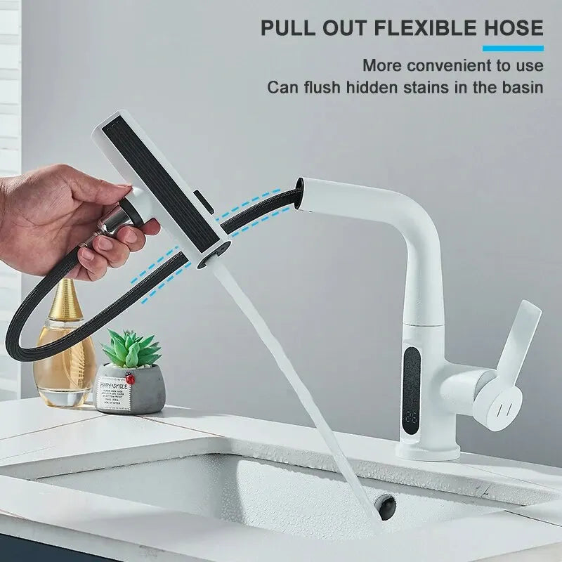 Temperature Display Bathroom Basin Faucet – LED Digital, Pull-Out Sprayer with 3-Way Waterfall Stream - Loovy # 
