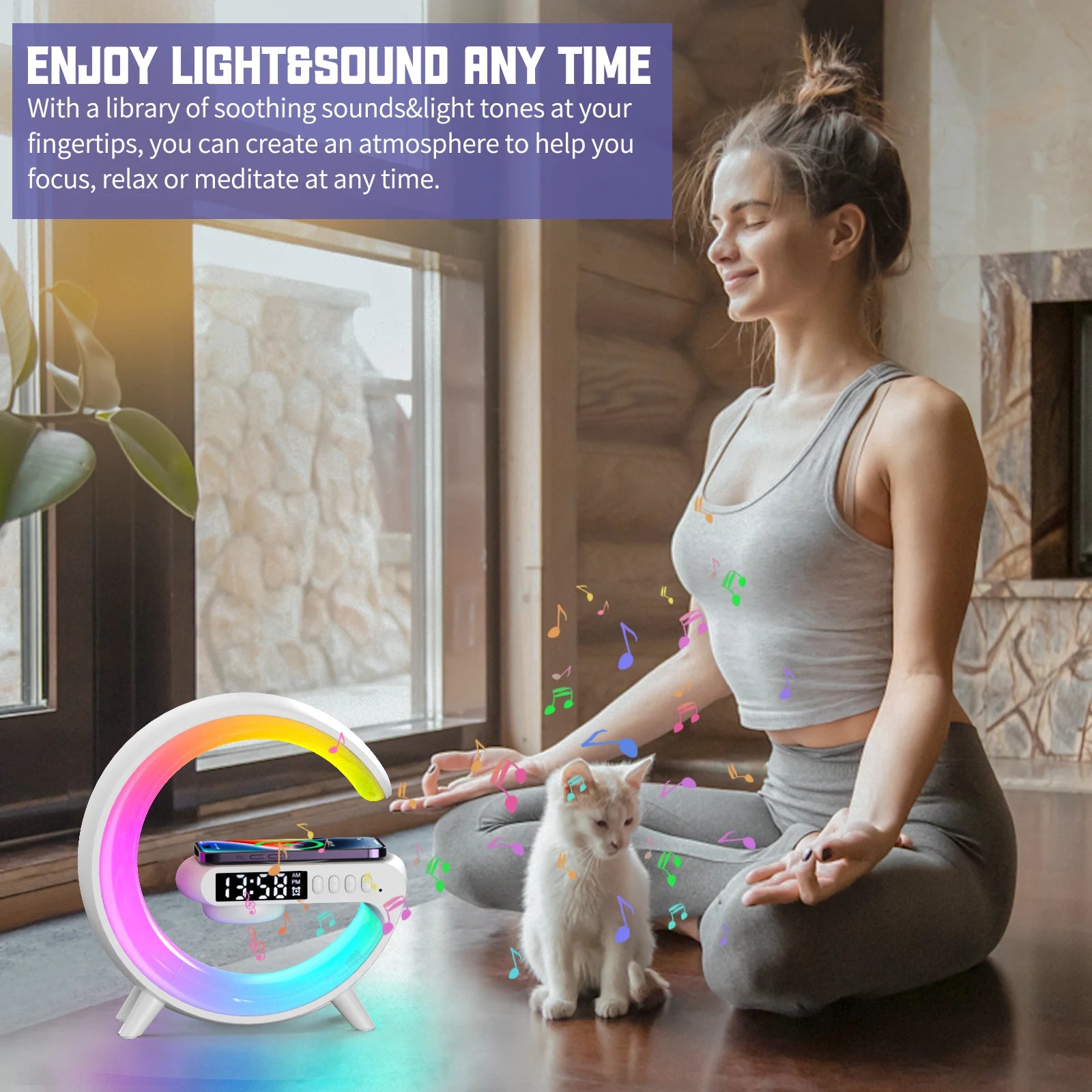 RGB Wireless Charger with Bluetooth Speaker, Sunrise Alarm Clock, and 15W Fast Charging Dock - Loovy # 