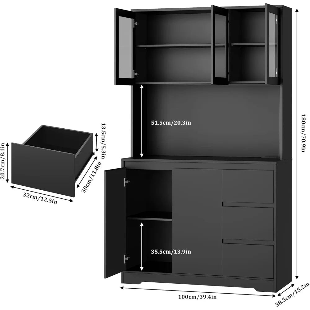 Modern Kitchen Pantry Cabinet with LED Lights & Charging Station - Black - Loovy # 