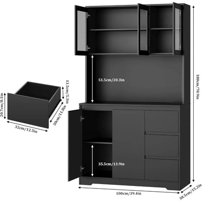 Modern Kitchen Pantry Cabinet with LED Lights & Charging Station - Black - Loovy # 