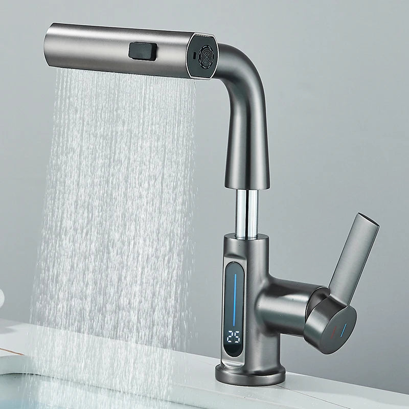 Temperature Display Bathroom Basin Faucet – LED Digital, Pull-Out Sprayer with 3-Way Waterfall Stream - Loovy # 