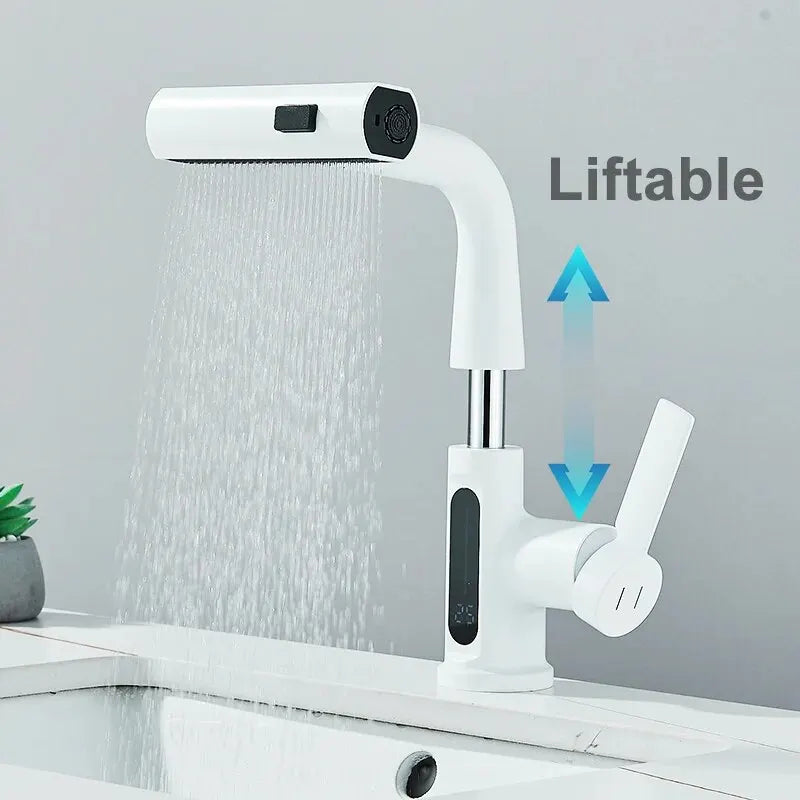 Temperature Display Bathroom Basin Faucet – LED Digital, Pull-Out Sprayer with 3-Way Waterfall Stream - Loovy # 