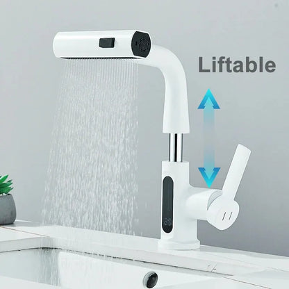 Temperature Display Bathroom Basin Faucet – LED Digital, Pull-Out Sprayer with 3-Way Waterfall Stream - Loovy # 
