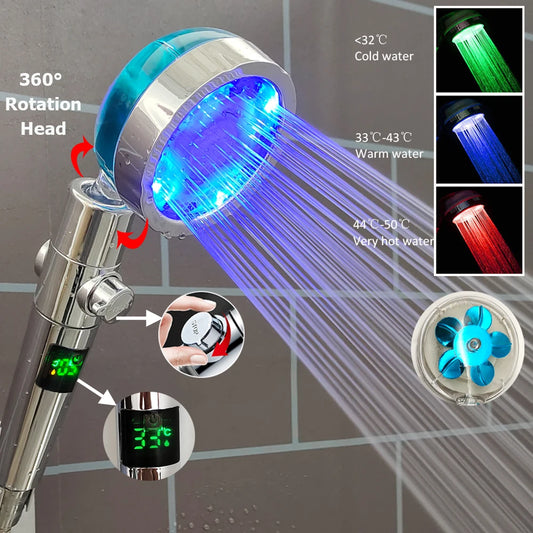 Colors Changes LED Shower Head With Stop Button Digital Temperature Display High Pressure Turbo Shower-head Bathroom Accessories - Loovy # 