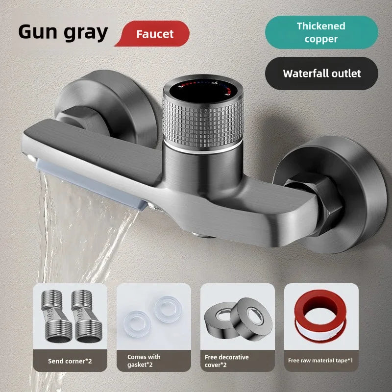 Wall-Mounted Waterfall Bathtub Faucet with Hand Shower – Gray Chrome Finish - Loovy # 