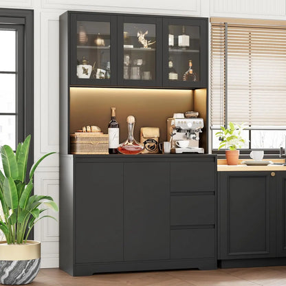 Modern Kitchen Pantry Cabinet with LED Lights & Charging Station - Black - Loovy # 