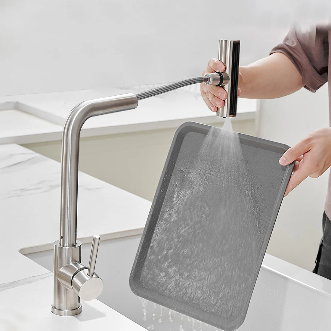304 Stainless Steel Pull-Out Kitchen Faucet – Waterfall Hot and Cold Mixed Water Sink Tap, Multi-Function Rinse, Rotate - Loovy # 